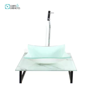 KIT CUBA DE VIDRO QUADRADA 10MM COM TAMPO DE VIDRO 40CM X 40CM MÁRMORE BRANCO E SUPORTE TORNEIRA VALVULA