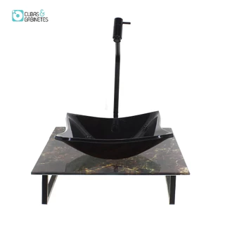 KIT CUBA DE VIDRO QUADRADA 10MM COM TAMPO DE VIDRO 40CM X 40CM MÁRMORE IMPERDADOR E SUPORTE PRETO