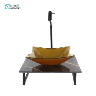 KIT CUBA DE VIDRO QUADRADA 10MM COM TAMPO DE VIDRO 40CM X 40CM MÁRMORE PRETO DOURADO E SUPORTE PRETO