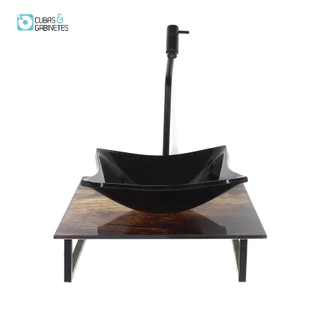 KIT CUBA DE VIDRO QUADRADA 10MM COM TAMPO DE VIDRO 40CM X 40CM MADEIRA RUSTICA E SUPORTE PRETO