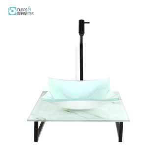 KIT CUBA DE VIDRO QUADRADA 10MM COM TAMPO DE VIDRO 40CM X 40CM MÁRMORE BRANCO E SUPORTE PRETO