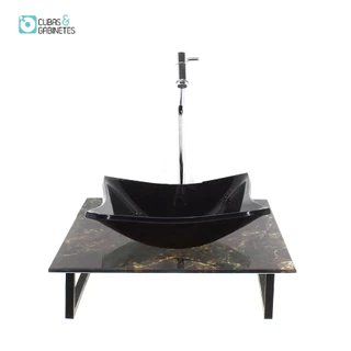 KIT CUBA DE VIDRO QUADRADA 10MM COM TAMPO DE VIDRO 40CM X 40CM MÁRMORE IMPERDADOR E SUPORTE TORNEIRA VALVULA