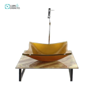KIT CUBA DE VIDRO QUADRADA 10MM COM TAMPO DE VIDRO 40CM X 40CM MÁRMORE MARFIM E SUPORTE TORNEIRA VALVULA