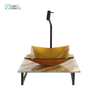 KIT CUBA DE VIDRO QUADRADA 10MM COM TAMPO DE VIDRO 40CM X 40CM MÁRMORE MARFIM E SUPORTE PRETO