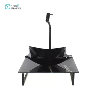 KIT CUBA DE VIDRO QUADRADA 10MM COM TAMPO DE VIDRO 40CM X 40CM MÁRMORE PRETO E SUPORTE PRETO