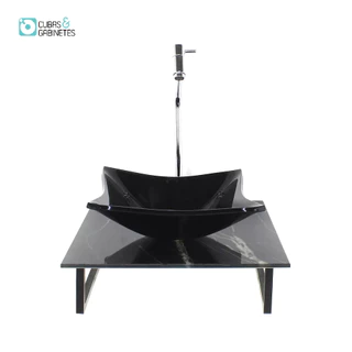 KIT CUBA DE VIDRO QUADRADA 10MM COM TAMPO DE VIDRO 40CM X 40CM MÁRMORE PRETO E SUPORTE TORNEIRA VALVULA