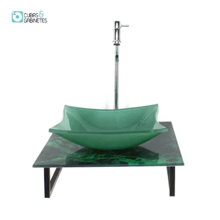 KIT CUBA DE VIDRO QUADRADA 10MM COM TAMPO DE VIDRO 40CM X 40CM MÁRMORE VERDE E SUPORTE TORNEIRA VALVULA