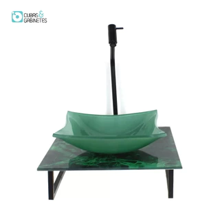 KIT CUBA DE VIDRO QUADRADA 10MM COM TAMPO DE VIDRO 40CM X 40CM MÁRMORE VERDE E SUPORTE PRETO