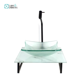 KIT CUBA DE VIDRO QUADRADA 10MM INCOLOR COM TAMPO DE VIDRO 40CM X 40CM MÁRMORE BRANCO E SUPORTE PRETO