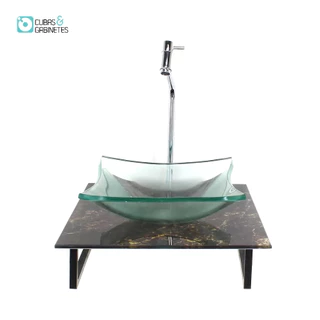 KIT CUBA DE VIDRO QUADRADA 10MM INCOLOR COM TAMPO DE VIDRO 40CM X 40CM MÁRMORE IMPERDADOR E SUPORTE TORNEIRA VALVULA