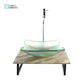 KIT CUBA DE VIDRO QUADRADA 10MM INCOLOR COM TAMPO DE VIDRO 40CM X 40CM MÁRMORE MARFIM E SUPORTE TORNEIRA VALVULA