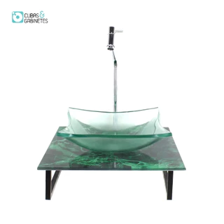 KIT CUBA DE VIDRO QUADRADA 10MM INCOLOR COM TAMPO DE VIDRO 40CM X 40CM MÁRMORE VERDE E SUPORTE TORNEIRA VALVULA