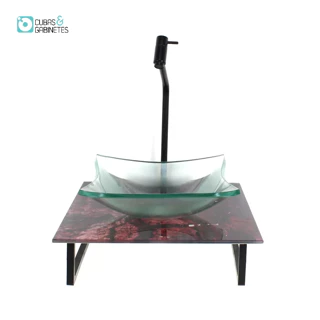 KIT CUBA DE VIDRO QUADRADA 10MM INCOLOR COM TAMPO DE VIDRO 40CM X 40CM MÁRMORE AVERMELHADO E SUPORTE PRETO
