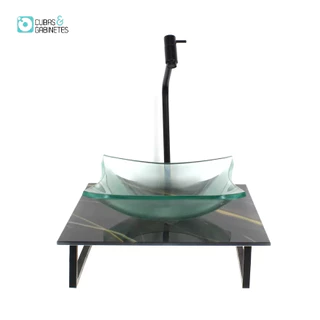 KIT CUBA DE VIDRO QUADRADA 10MM INCOLOR COM TAMPO DE VIDRO 40CM X 40CM MÁRMORE PRETO DOURADO E SUPORTE PRETO