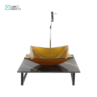 KIT CUBA DE VIDRO QUADRADA 10MM INCOLOR COM TAMPO DE VIDRO 40CM X 40CM MÁRMORE PRETO DOURADO E SUPORTE TORNEIRA VALVULA