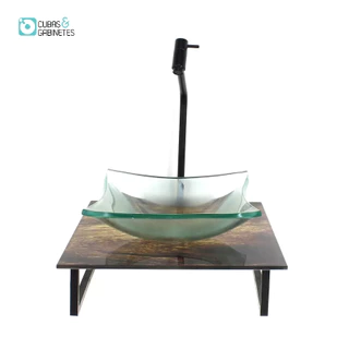 KIT CUBA DE VIDRO QUADRADA 10MM INCOLOR COM TAMPO DE VIDRO 40CM X 40CM MADEIRA RUSTICA E SUPORTE PRETO