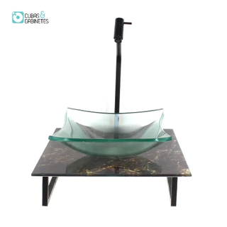 KIT CUBA DE VIDRO QUADRADA 10MM INCOLOR COM TAMPO DE VIDRO 40CM X 40CM MÁRMORE IMPERDADOR E SUPORTE PRETO