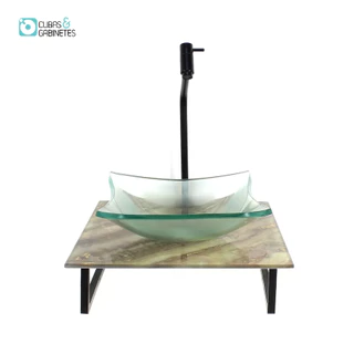 KIT CUBA DE VIDRO QUADRADA 10MM INCOLOR COM TAMPO DE VIDRO 40CM X 40CM MÁRMORE MARFIM E SUPORTE PRETO