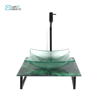 KIT CUBA DE VIDRO QUADRADA 10MM INCOLOR COM TAMPO DE VIDRO 40CM X 40CM MÁRMORE VERDE E SUPORTE PRETO