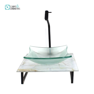 KIT CUBA DE VIDRO QUADRADA 10MM INCOLOR COM TAMPO DE VIDRO 40CM X 40CM MÁRMORE BRANCO DOURADO E SUPORTE PRETO