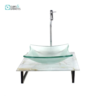 KIT CUBA DE VIDRO QUADRADA 10MM INCOLOR COM TAMPO DE VIDRO 40CM X 40CM MÁRMORE BRANCO DOURADO E SUPORTE TORNEIRA VALVULA
