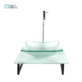 KIT CUBA DE VIDRO QUADRADA 10MM INCOLOR COM TAMPO DE VIDRO 40CM X 40CM MÁRMORE BRANCO E SUPORTE TORNEIRA VALVULA
