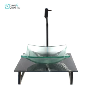 KIT CUBA DE VIDRO QUADRADA 10MM INCOLOR COM TAMPO DE VIDRO 40CM X 40CM MÁRMORE PRETO E SUPORTE PRETO
