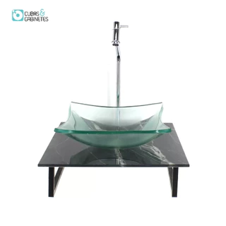 KIT CUBA DE VIDRO QUADRADA 10MM INCOLOR COM TAMPO DE VIDRO 40CM X 40CM MÁRMORE PRETO E SUPORTE TORNEIRA VALVULA