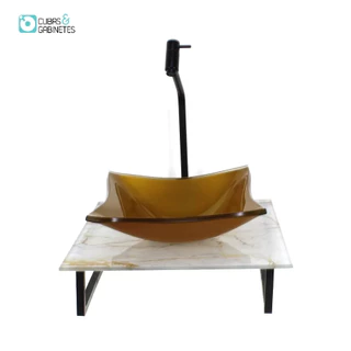 KIT CUBA DE VIDRO QUADRADA 10MM COM TAMPO DE VIDRO 40CM X 40CM MÁRMORE BRANCO DOURADO E SUPORTE PRETO