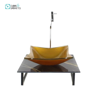KIT CUBA DE VIDRO QUADRADA 10MM COM TAMPO DE VIDRO 40CM X 40CM MÁRMORE PRETO DOURADO E SUPORTE TORNEIRA VALVULA