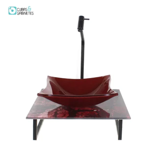 KIT CUBA DE VIDRO QUADRADA 10MM COM TAMPO DE VIDRO 40CM X 40CM MÁRMORE AVERMELHADO E SUPORTE PRETO