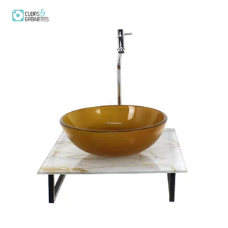KIT CUBA DE VIDRO REDONDA 10MM COM TAMPO DE VIDRO 40CM X 40CM MÁRMORE BRANCO DOURADO E SUPORTE TORNEIRA VALVULA