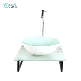 KIT CUBA DE VIDRO REDONDA 10MM COM TAMPO DE VIDRO 40CM X 40CM MÁRMORE BRANCO E SUPORTE TORNEIRA VALVULA