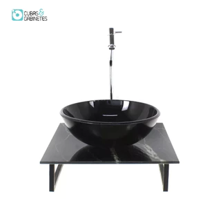 KIT CUBA DE VIDRO REDONDA 10MM COM TAMPO DE VIDRO 40CM X 40CM MÁRMORE PRETO E SUPORTE TORNEIRA VALVULA