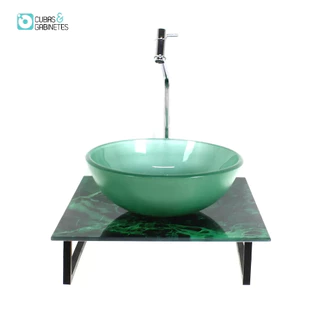 KIT CUBA DE VIDRO REDONDA 10MM COM TAMPO DE VIDRO 40CM X 40CM MÁRMORE VERDE E SUPORTE TORNEIRA VALVULA