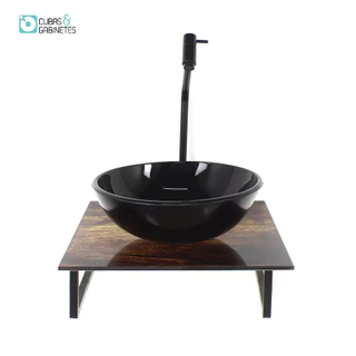 KIT CUBA DE VIDRO REDONDA 10MM COM TAMPO DE VIDRO 40CM X 40CM MADEIRA RUSTICA E SUPORTE PRETO