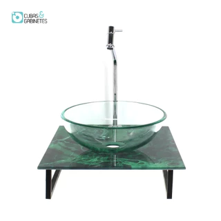 KIT CUBA DE VIDRO REDONDA 10MM INCOLOR COM TAMPO DE VIDRO 40CM X 40CM MÁRMORE VERDE E SUPORTE TORNEIRA VALVULA