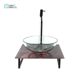 KIT CUBA DE VIDRO REDONDA 10MM INCOLOR COM TAMPO DE VIDRO 40CM X 40CM MÁRMORE AVERMELHADO E SUPORTE PRETO