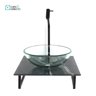 KIT CUBA DE VIDRO REDONDA 10MM INCOLOR COM TAMPO DE VIDRO 40CM X 40CM MÁRMORE PRETO E SUPORTE PRETO