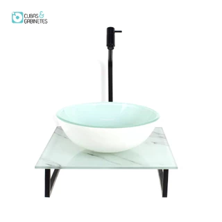 KIT CUBA DE VIDRO REDONDA 10MM COM TAMPO DE VIDRO 40CM X 40CM MÁRMORE BRANCO E SUPORTE PRETO