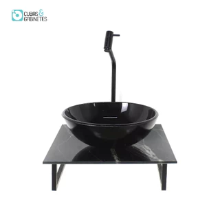 KIT CUBA DE VIDRO REDONDA 10MM COM TAMPO DE VIDRO 40CM X 40CM MÁRMORE PRETO E SUPORTE PRETO