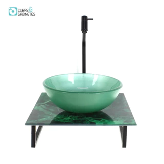 KIT CUBA DE VIDRO REDONDA 10MM COM TAMPO DE VIDRO 40CM X 40CM MÁRMORE VERDE E SUPORTE PRETO