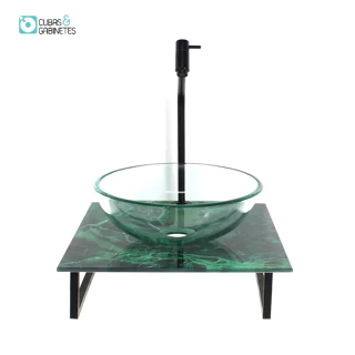 KIT CUBA DE VIDRO REDONDA 10MM INCOLOR COM TAMPO DE VIDRO 40CM X 40CM MÁRMORE VERDE E SUPORTE PRETO