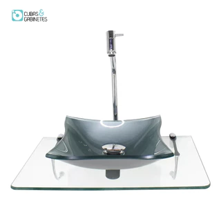 KIT CUBA DE VIDRO 10MM PRATA TAMPO 50CM INCOLOR COM SUPORTE TORNEIRA VALVULA