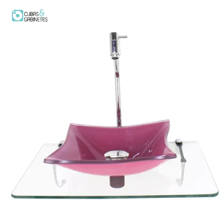 KIT CUBA DE VIDRO 10MM ROSA TAMPO 50CM INCOLOR COM SUPORTE TORNEIRA VALVULA