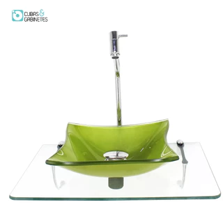 KIT CUBA DE VIDRO 10MM VERDE OLIVA TAMPO 50CM INCOLOR COM SUPORTE TORNEIRA VALVULA