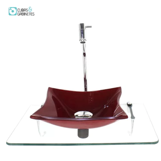 KIT CUBA DE VIDRO 10MM VERMELHO FERRARI TAMPO 50CM INCOLOR COM SUPORTE TORNEIRA VALVULA