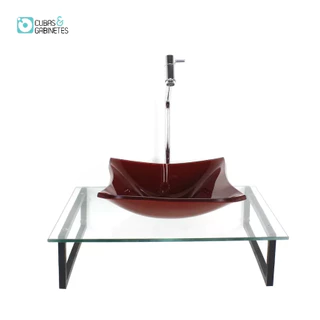 KIT CUBA DE VIDRO QUADRADA 10MM VERMELHO CEREJA TAMPO 50CM INCOLOR COM SUPORTE TORNEIRA VALVULA