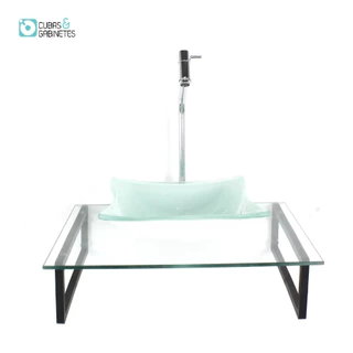 KIT CUBA DE VIDRO QUADRADA 10MM BRANCA TAMPO 50CM INCOLOR COM SUPORTE TORNEIRA VALVULA