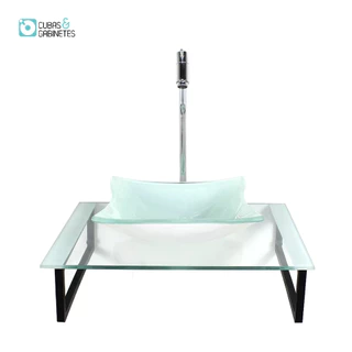 KIT CUBA DE VIDRO QUADRADA 10MM TAMPO 50CM BRANCO COM SUPORTE TORNEIRA VALVULA